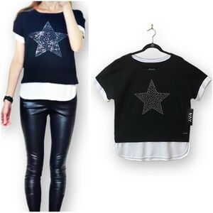 MNY Performance XL Rhinestone Star Black & White Layer Knit Short Sleeve Shirt